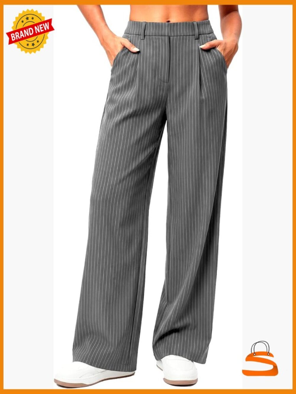 High Waisted Pinstripe Wide Leg Dress Pants Flowy Stretchy Trousers Pockets